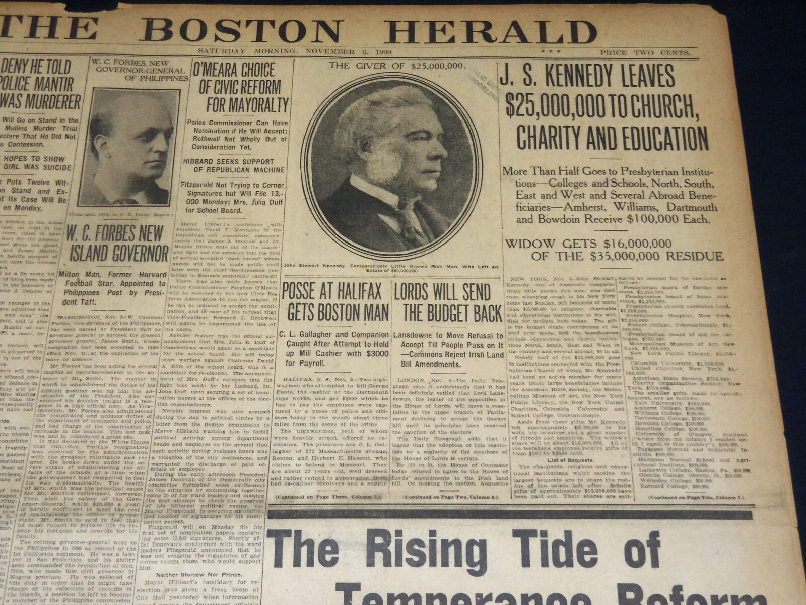 1909 NOVEMBER 6 THE BOSTON HERALD - J. S. KENNEDY LEAVES $25 MILLION - BH 391