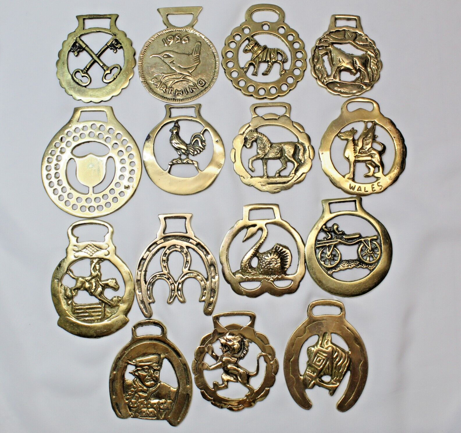 Brass Horse Medallion Lot of 15 Vintage Cross Key Bird Swan Dragon Lion Cow Walk