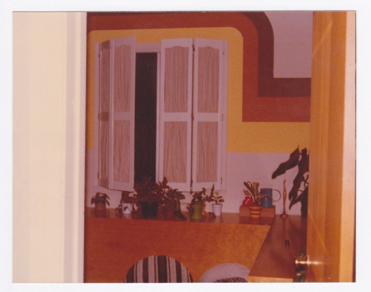 Vintage 70s PHOTO Interior Room w/ Geometric Design on Wall & Shelf w/ Plants