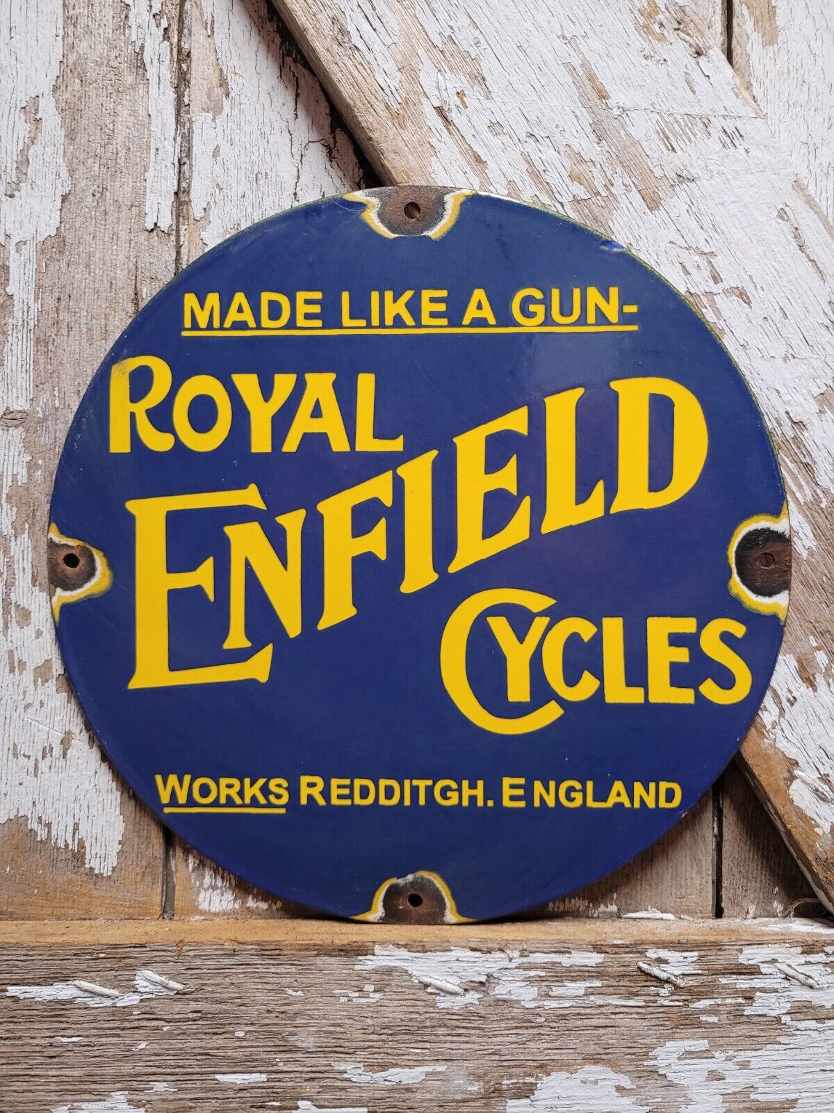 VINTAGE ENFIELD PORCELAIN SIGN ROYAL CYCLES REDDITGH ENGLAND MOTORCYCLE DEALER