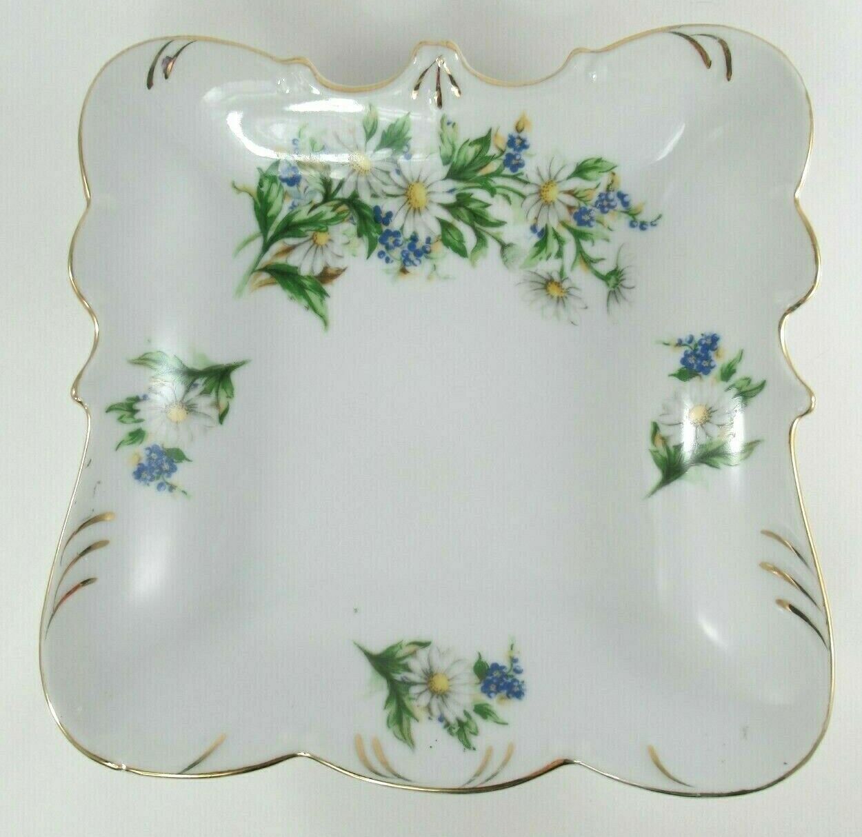 Vintage Square Porcelain Serving Bowl White Daisies Blue Flowers Floral