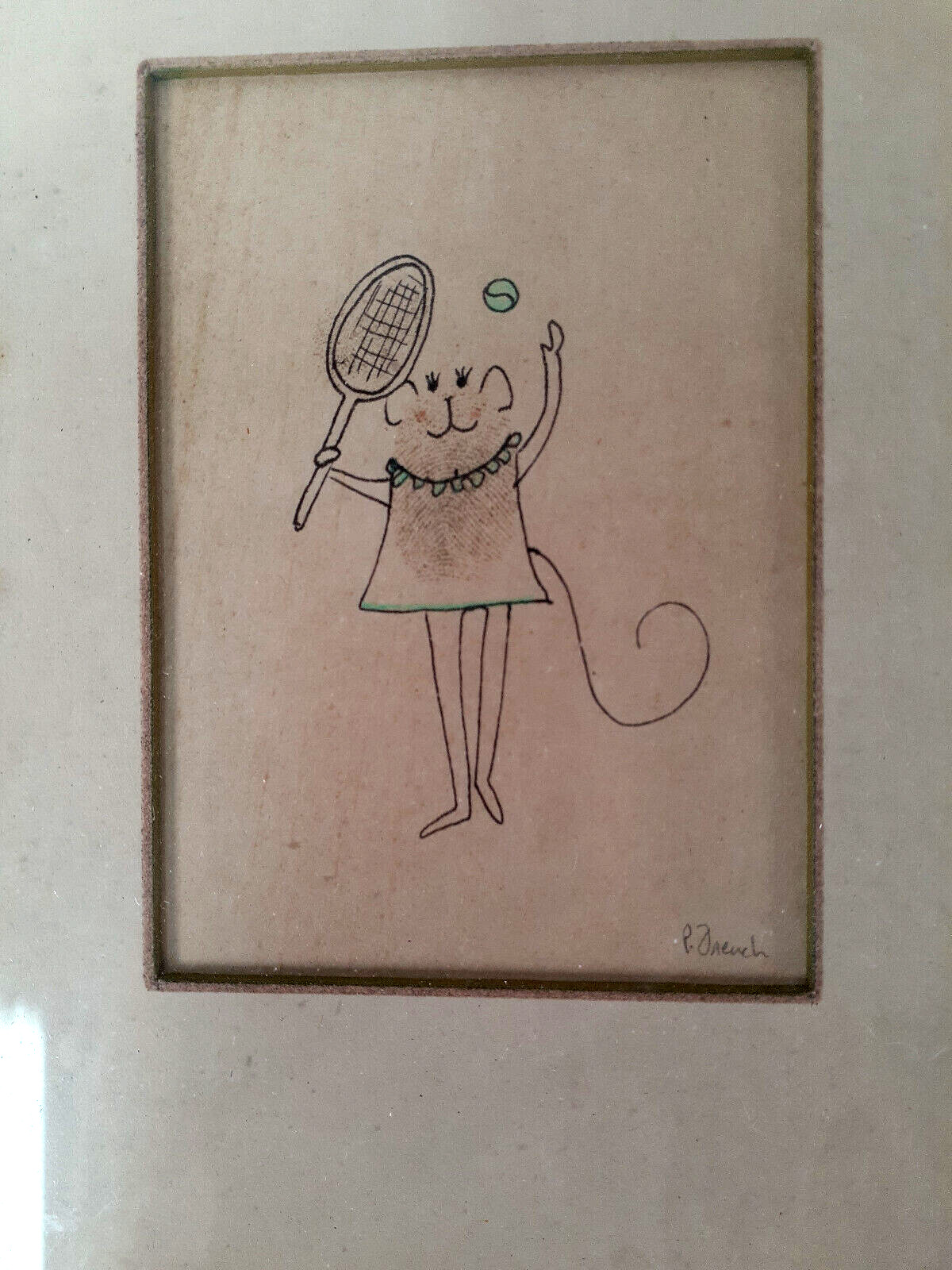 Vintage Miniature Fingerprint Painting of a Mouse with Tennis Racket.P. French