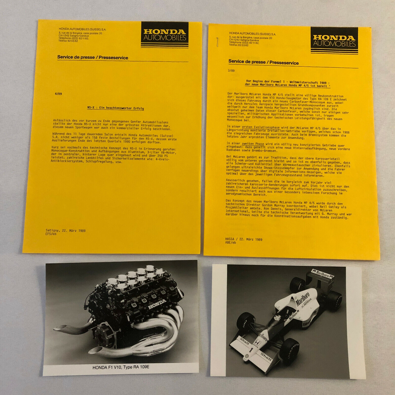 1989 Honda Marlboro McLaren F1 Racing Press Kit Photo Honda NSX + GERMAN 