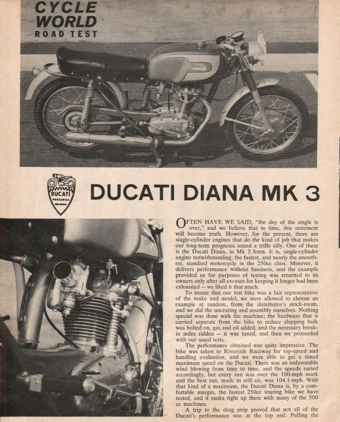 1963 Ducati Diana Mk 3 - 4-Page Vintage Motorcycle Road Test Article