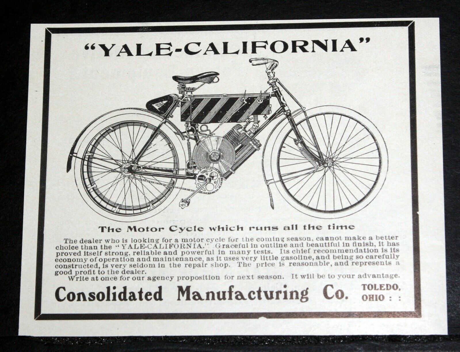 1905 OLD MAGAZINE PRINT AD, YALE-CALIFORNIA MOTOR CYCLE, IT RUNS ALL THE TIME