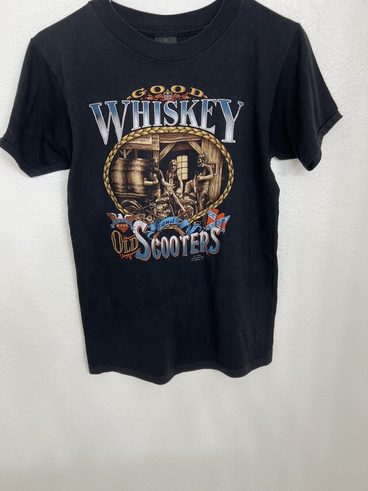Harley Davidson Vintage 1986 Tshirt 3D Emblem Good Whiskey & Old Scooters