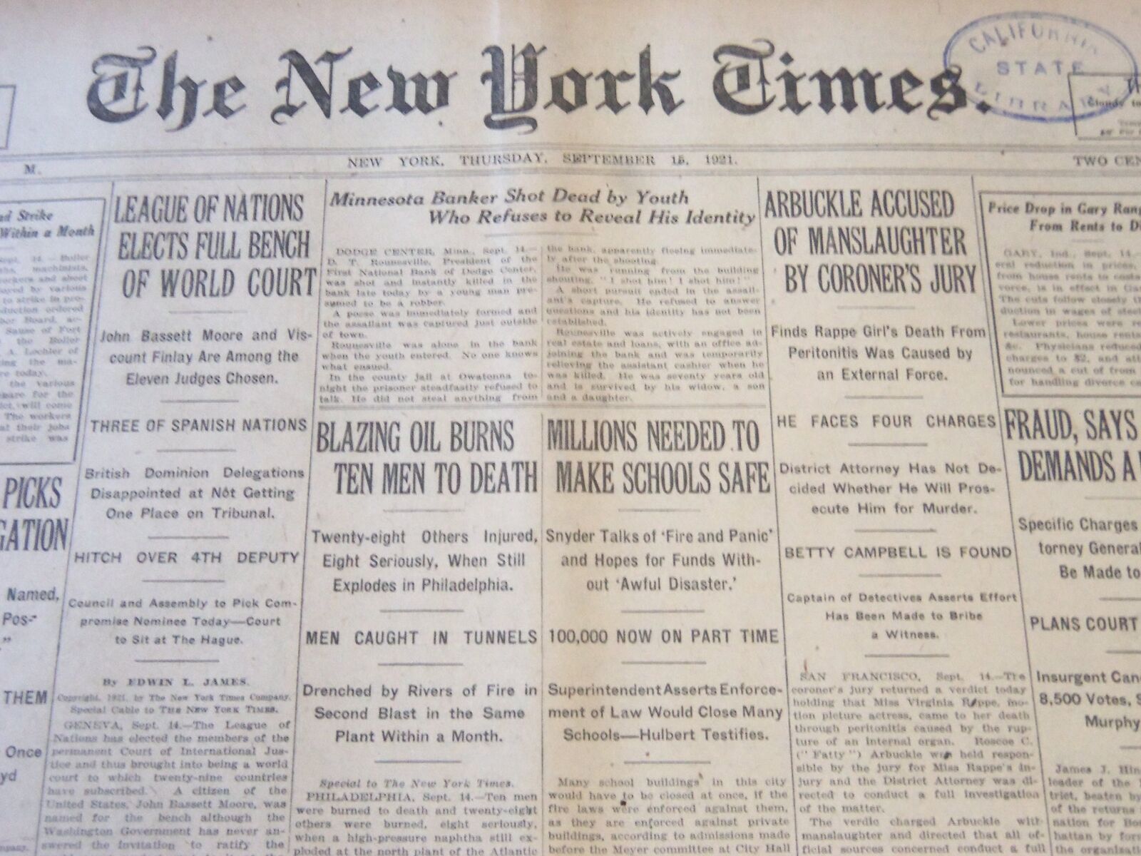 1921 SEPT 15 NEW YORK TIMES - ARBUCKLE ACCUSED OF MANSLAUGHTER BY JURY - NT 6469