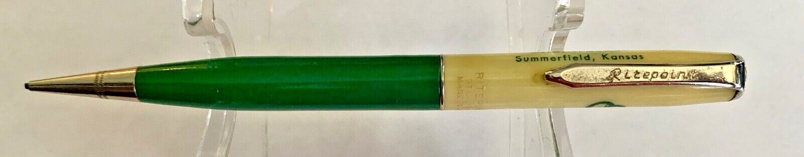 VINTAGE RITEPOINT 120 ADVERTISING MECHANICAL PENCIL, GREEN/WHITE W/ CHROME, 60'S