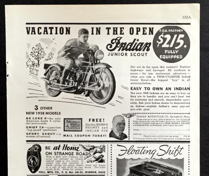 1938 Indian Junior Scout *Vacation in the Open* vintage Motorcycle Ad