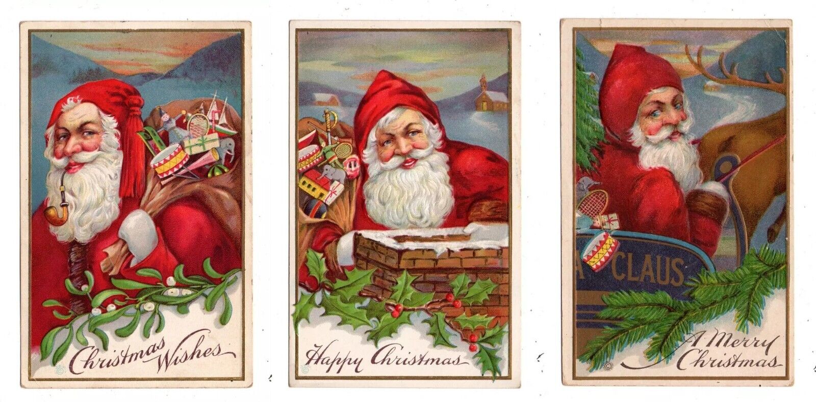 Lot of 3~SANTA CLAUS~with Toys~Chimney~Sled Antique Christmas Postcards Set~h727