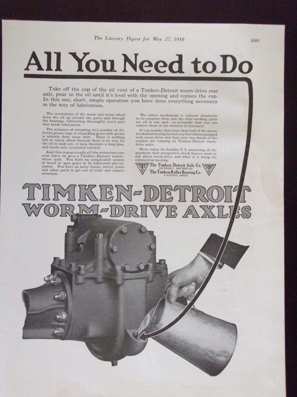 1916 Timken-Detroit Worm-Drive Axles Advertisement 