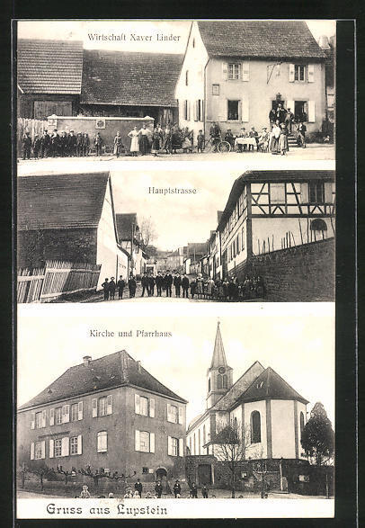 CPA Lupstein, Church and Pfarrhaus, Wirtschaft Xaver Linder, Hauptstrasse 1912 