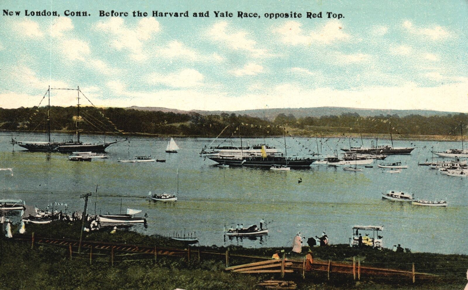 Vintage Postcard 1912 Harvard Yale Race Opposite Red Top New London Connecticut