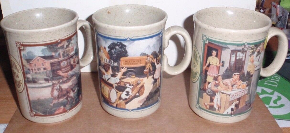 SET OF 3 WATKINS YEAR ALMANAC COFFEE MUGS 1916, 1936, 1955 MADE IN ENGLAND EUC