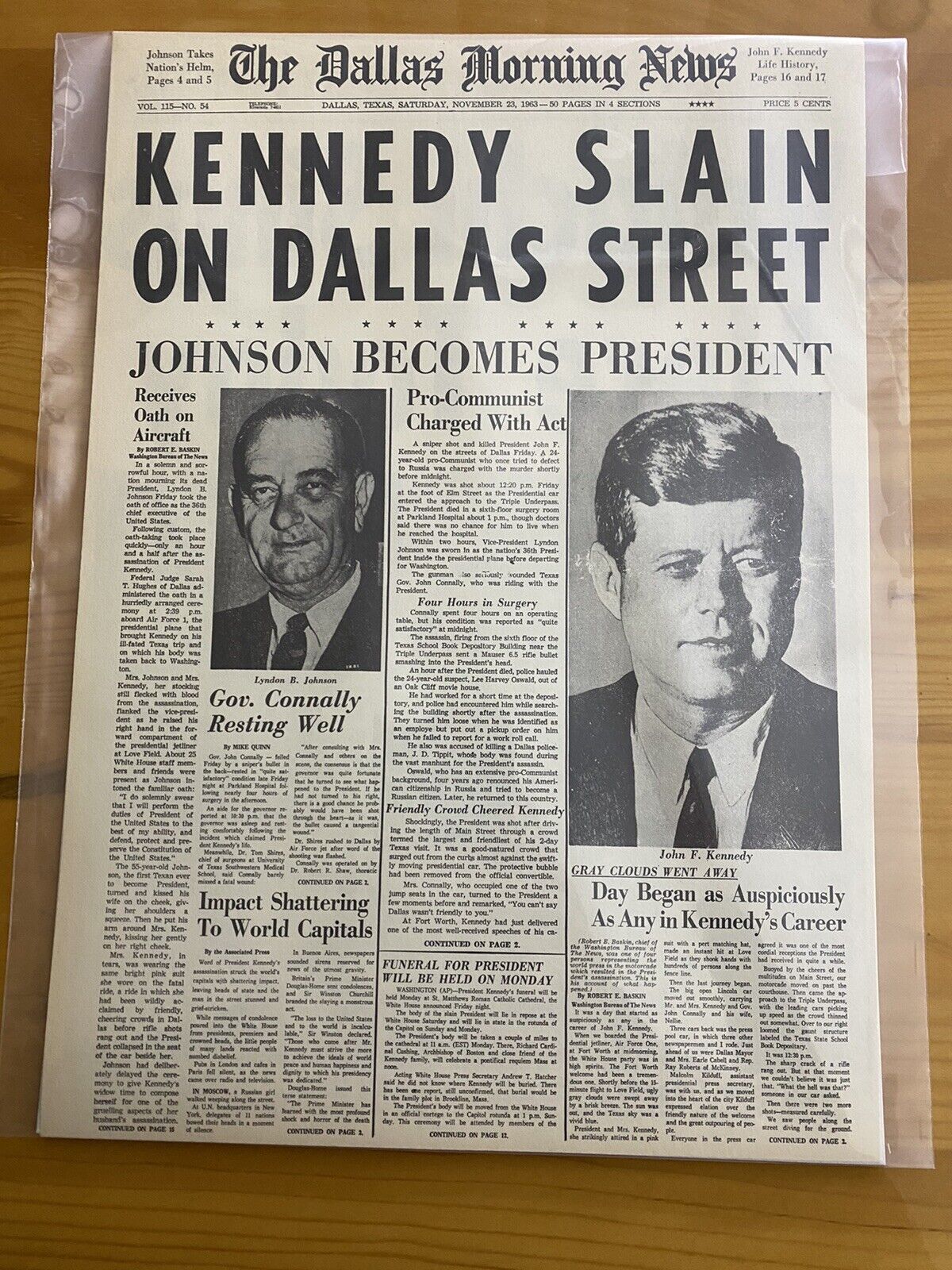 VINTAGE NEWSPAPER HEADLINE ~PRESIDENT KENNEDY KILLED SHOT DEAD DALLAS TEXAS 1963