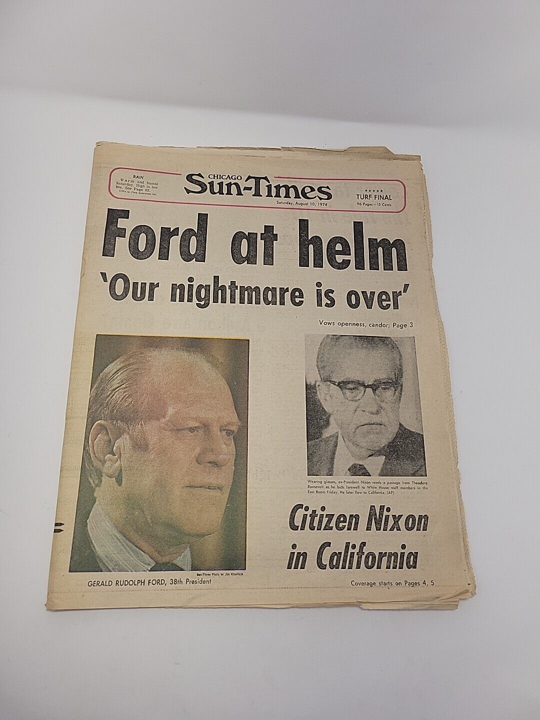 CHICAGO SUN-TIMES August 10, 1974 Ford At Helm \'Our Nightmare Is Over Headline