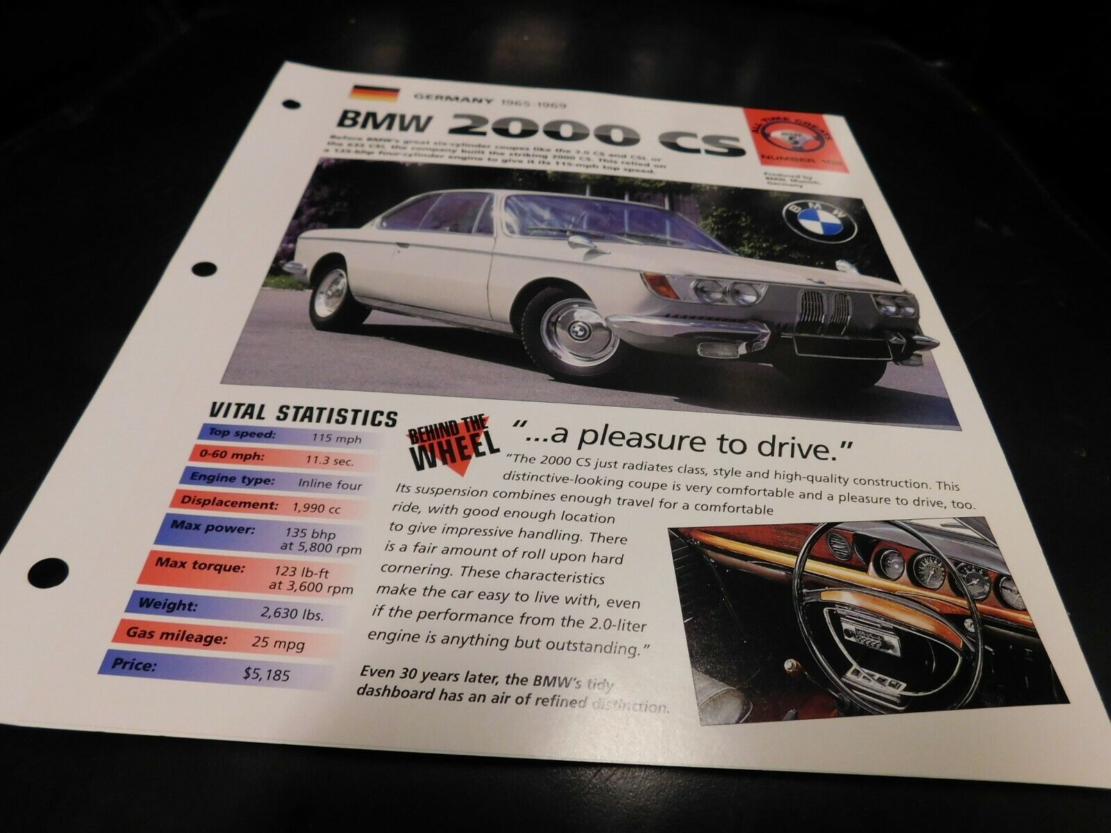 1965-1969 BMW 2000 CS Spec Sheet Brochure Photo Poster 66 67 68