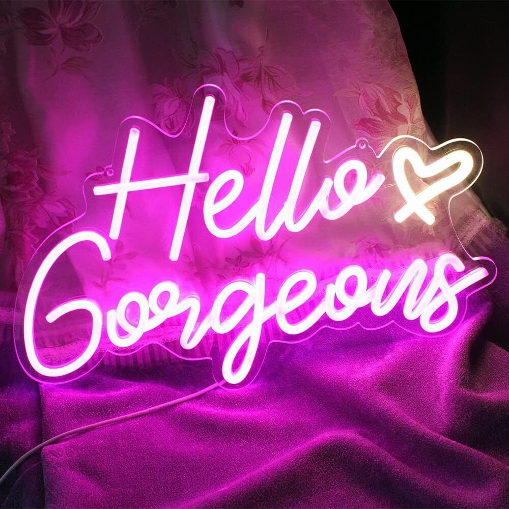 Dimmable Hello Gorgeous Pink LED Neon Light Sign For Gilr's Room Wall Decor Gift