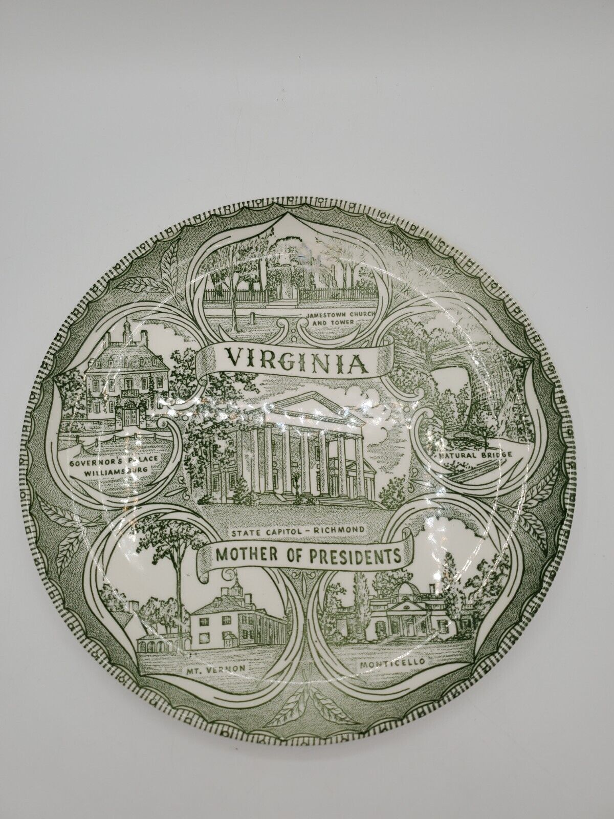 Vintage Virginia Mother of Presidents Display Decorative Plate Green White 9.25