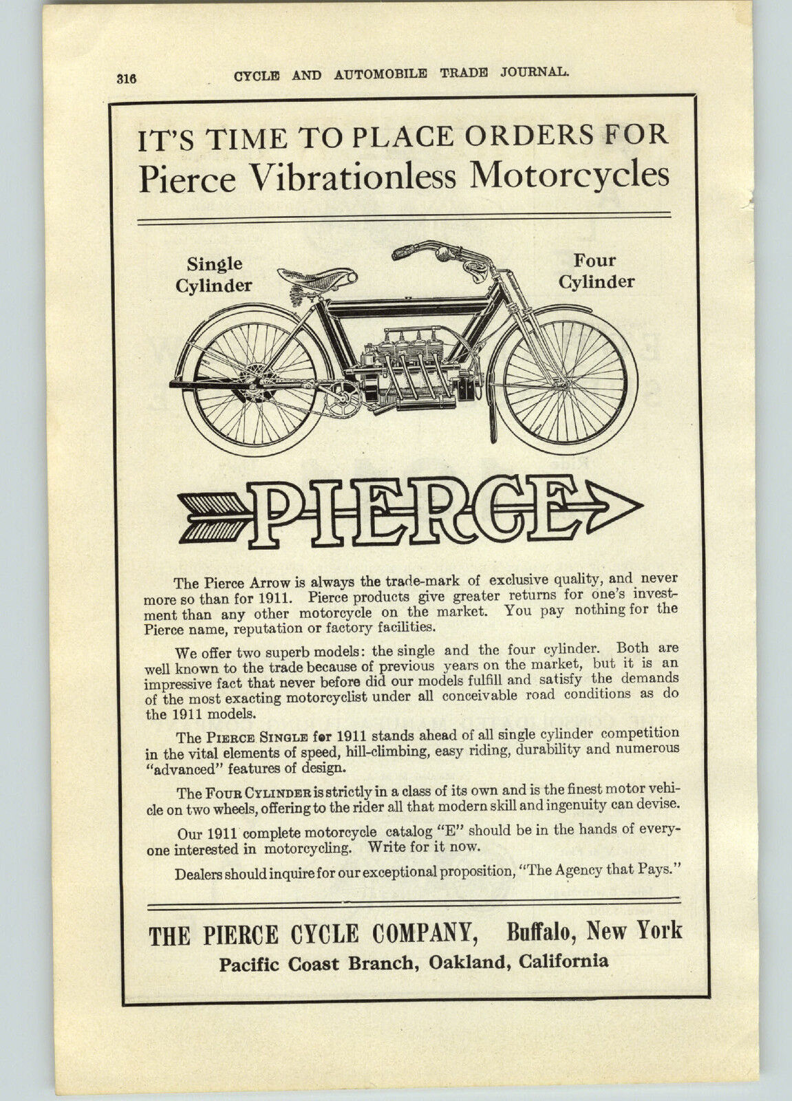 1911 PAPER AD Pierce Vibrationless Motorcycle 4 Four Cylinder Yale 7 HP