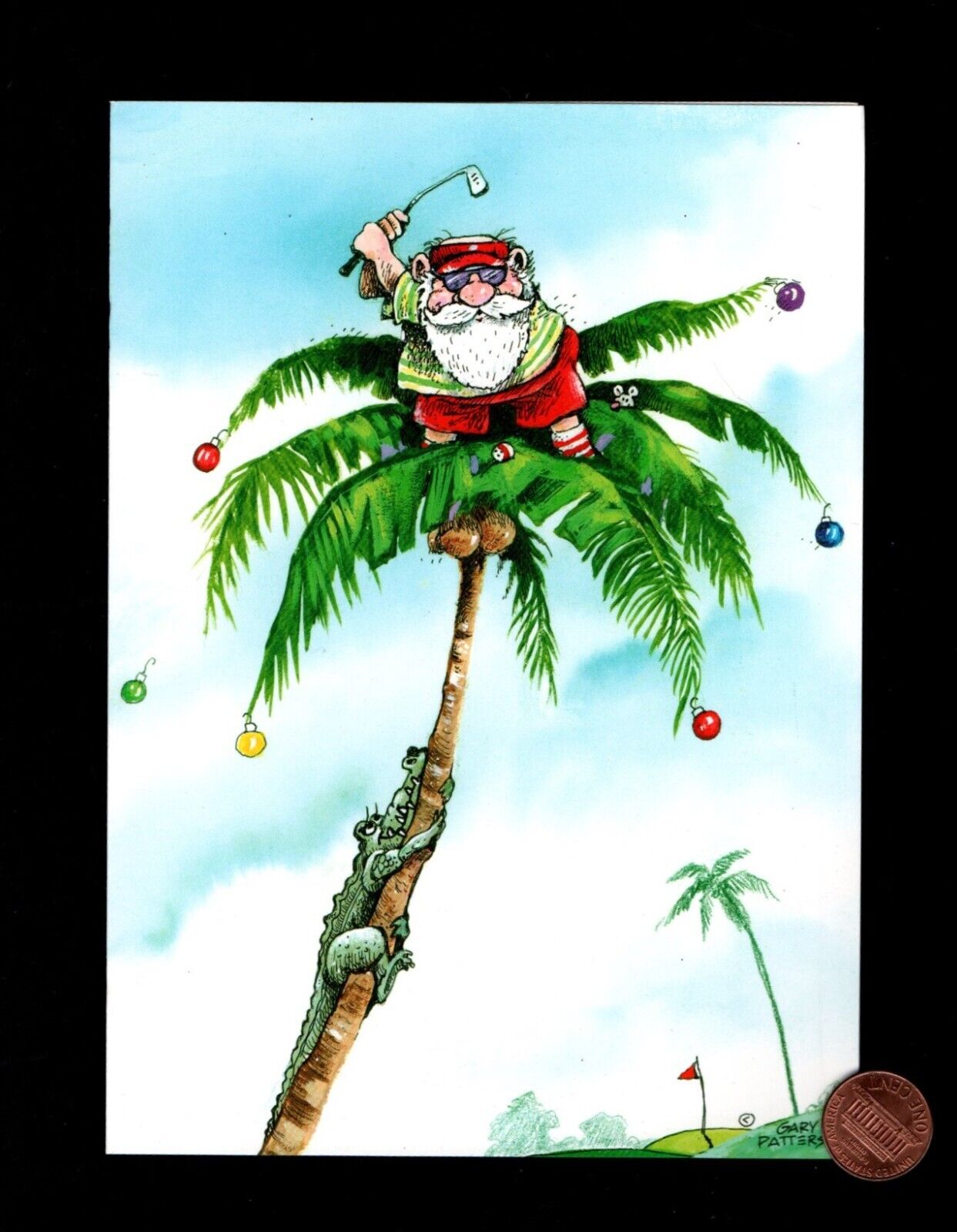 CHRISTMAS Santa Golfing Palm Tree Mouse  - PATTERSON Greeting Card W/ TRACKING