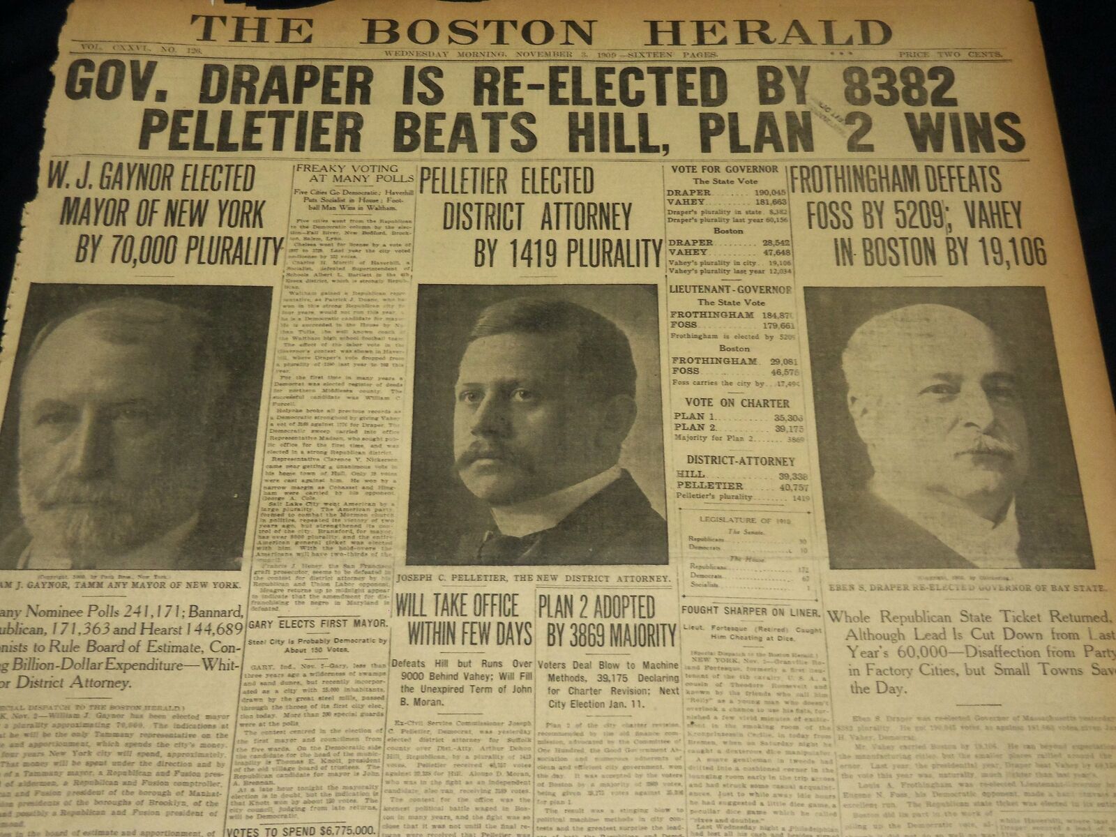 1909 NOVEMBER 3 THE BOSTON HERALD - GOV. DRAPER RE-ELECTED W. J. GAYNOR - BH 393