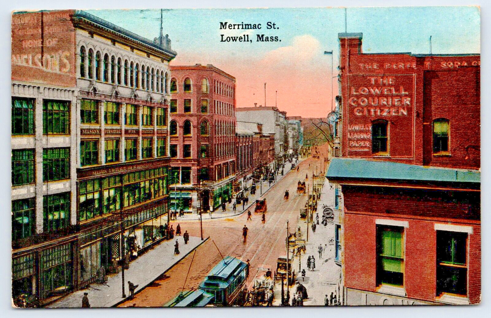 Postcard 1915 Merrimac Street Aerial View Lowell Mass. Trolley Newspaper Co A9