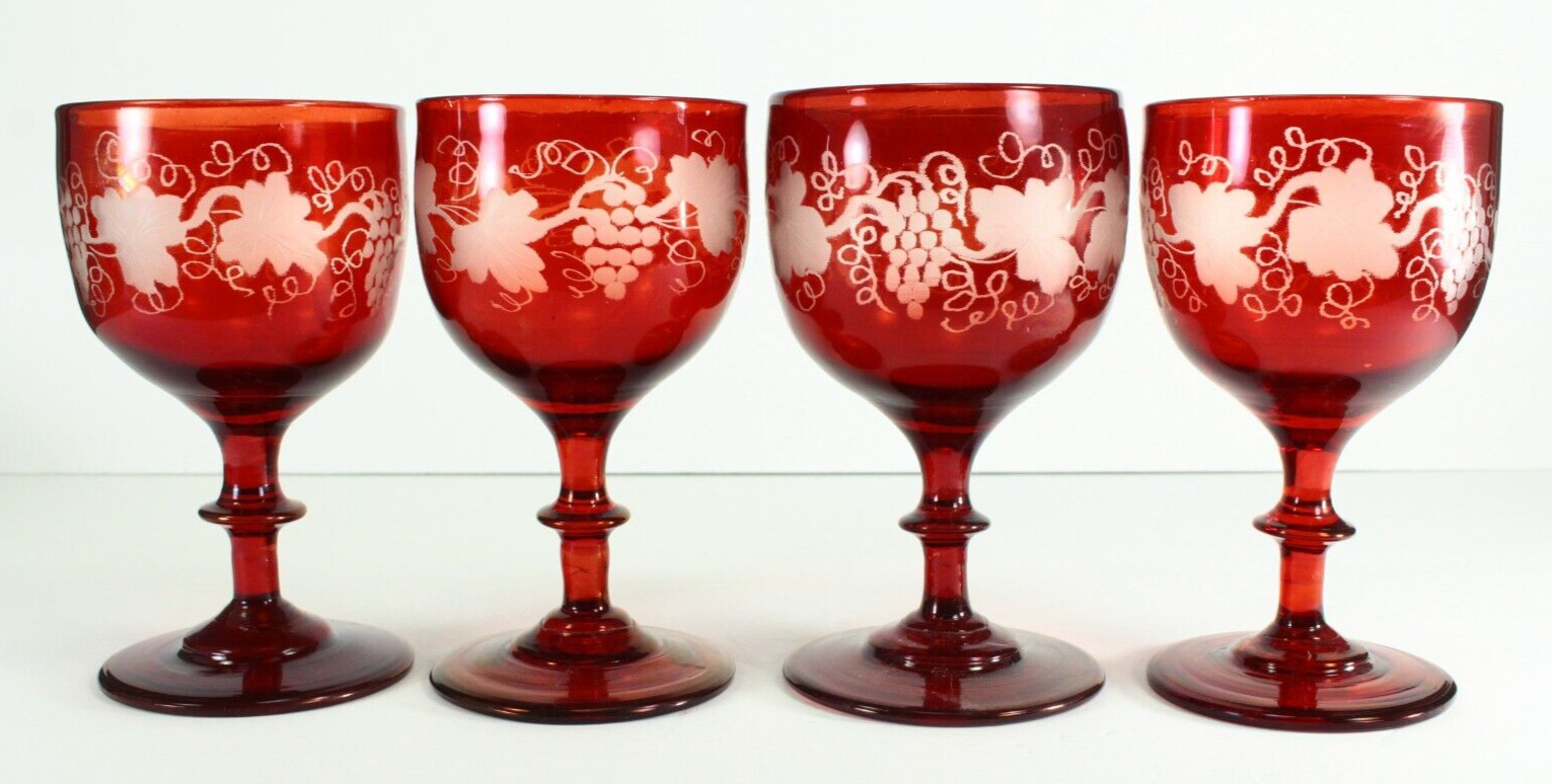 = Bohemian 1880's Wine Goblets Set of 4 Cut to Clear Ruby Red Hand Blown Glass