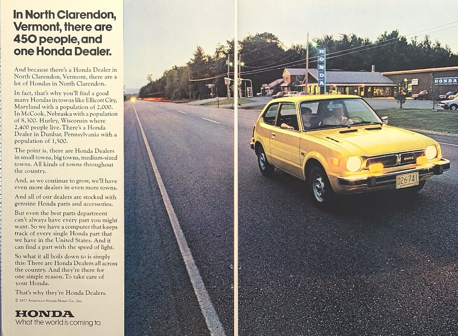 Honda Civic Coupe Yellow Hatchback North Clarendon Vermont Vintage Print Ad 1977