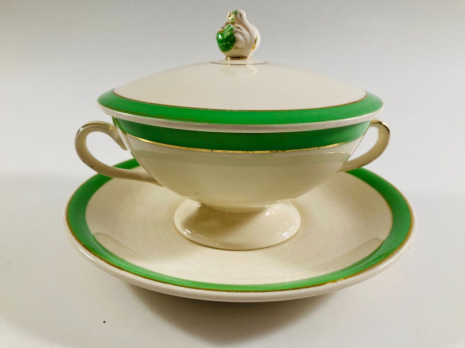 Vintage Soho Solian Pottery Cobridge Queens Green Soup Bowl Saucer & Lid 1910-44