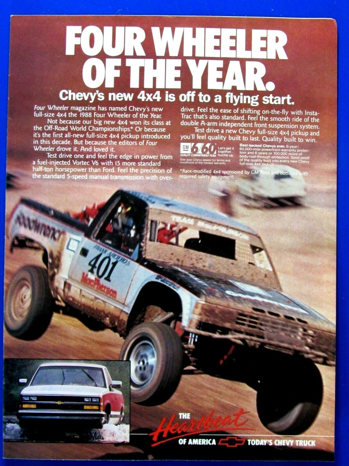 1988 Chevrolet 4 X 4 Pick Up Original Print Ad 8.5 x 11\