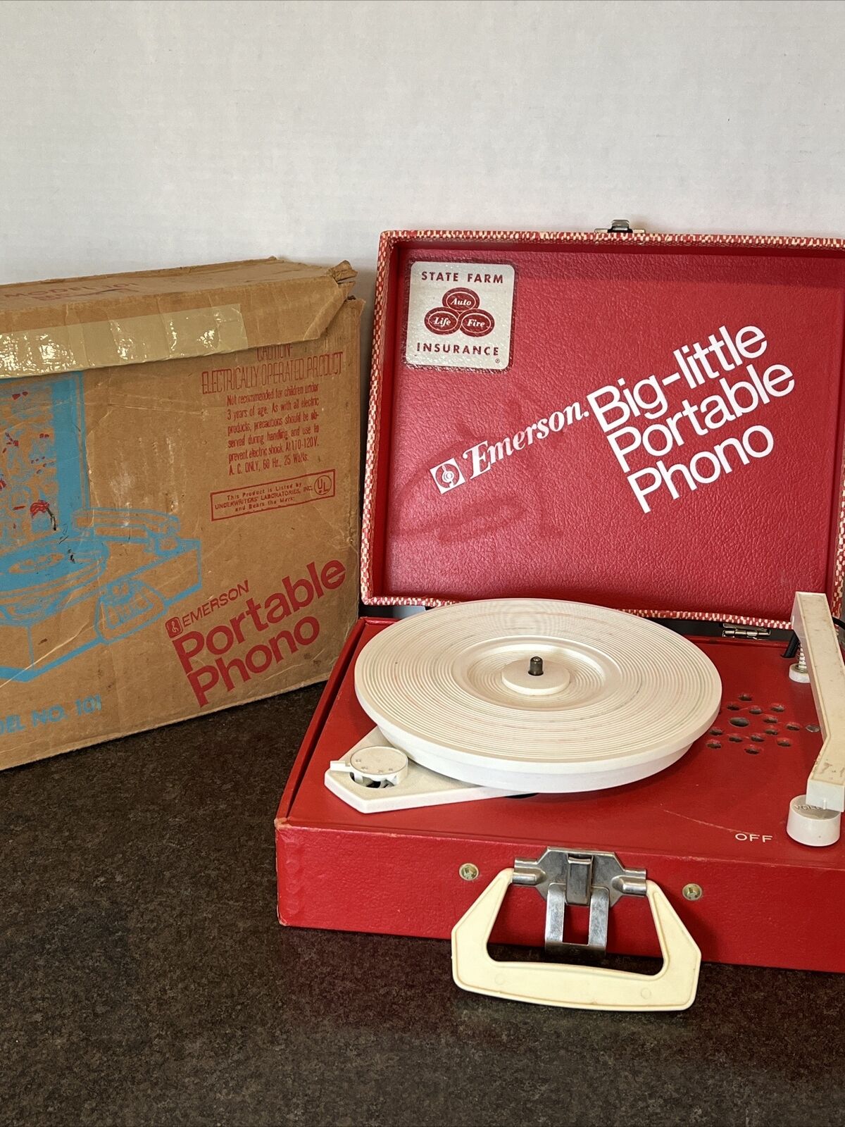 Vintage Emerson Portable Phono Record Player Red Model 101 with Original Box WOW