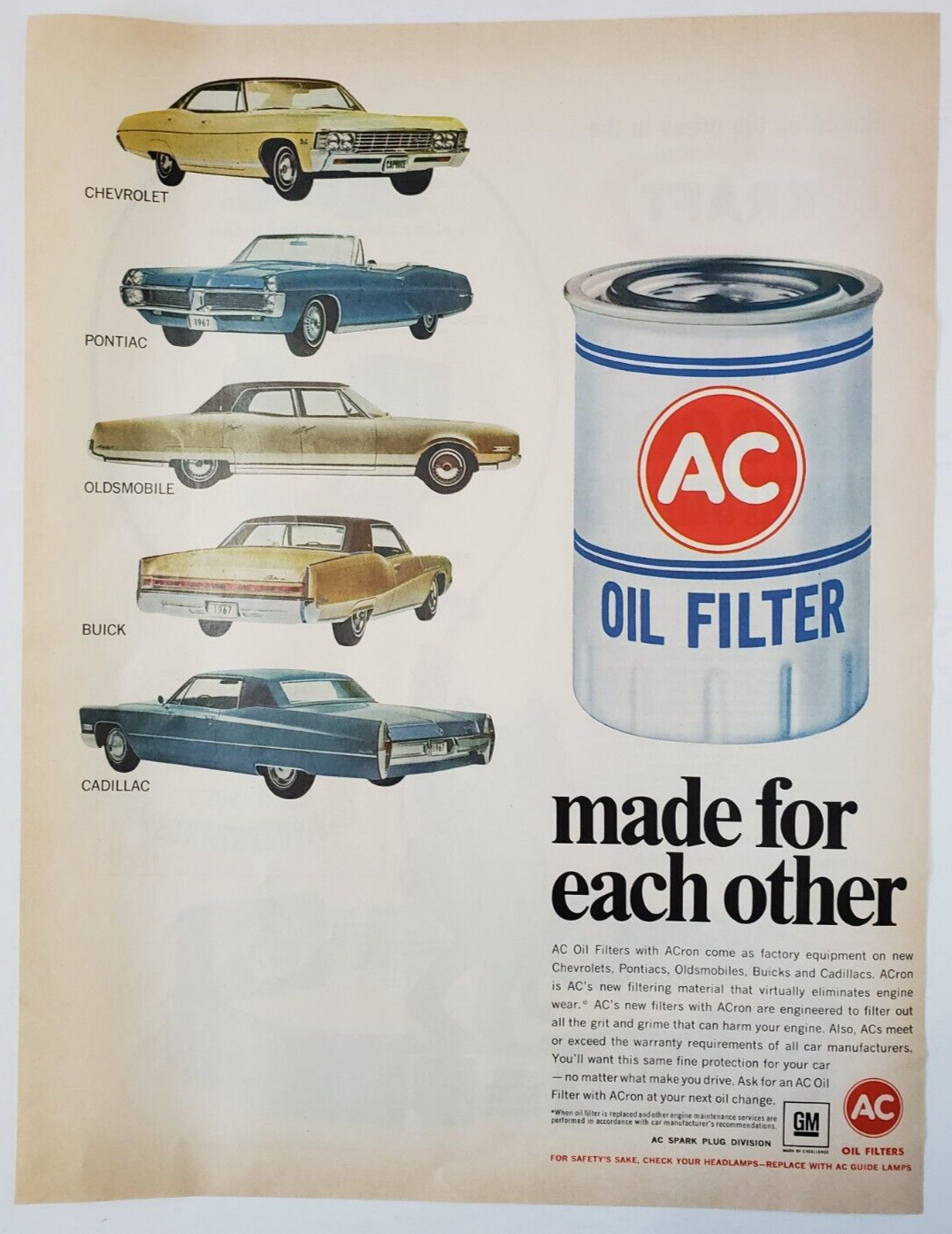 1967 AC Oil Filter Vintage Print Ad Made For Each Other Buick Olds Chevy