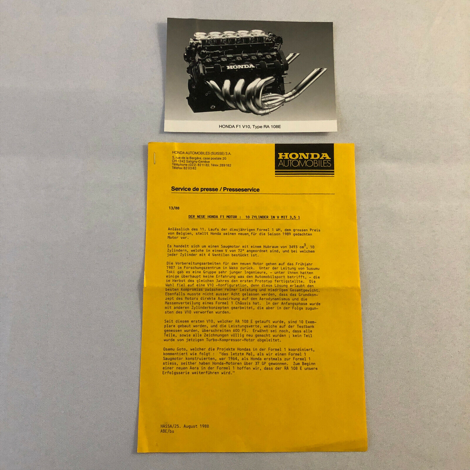 1989 Honda V10 Type RA 108E F1 Engine Press Kit Photo - GERMAN TEXT 