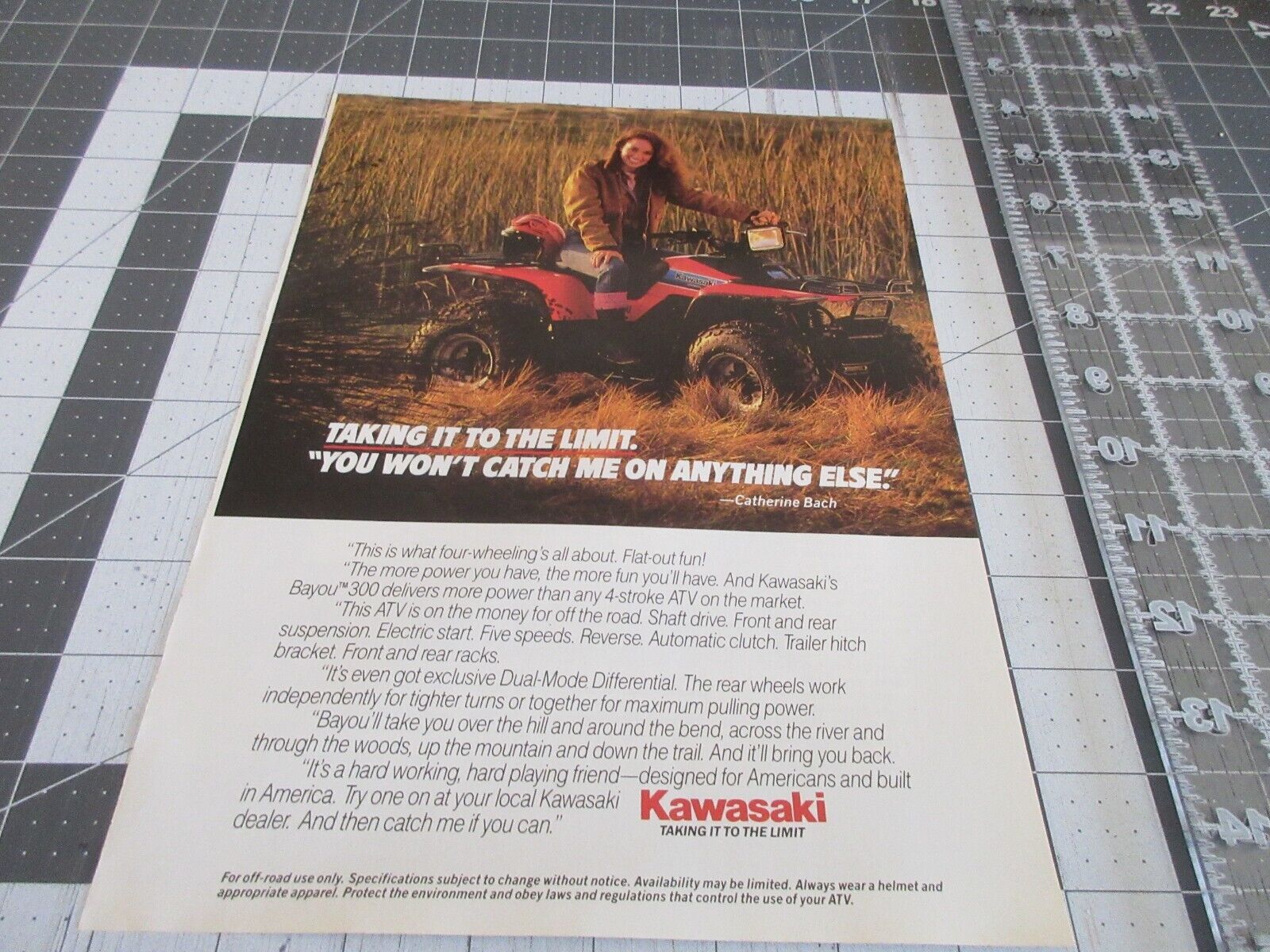 1985 Kawasaki Bayou 300 4-stroke, ATV Print Ad - Catherine Bach