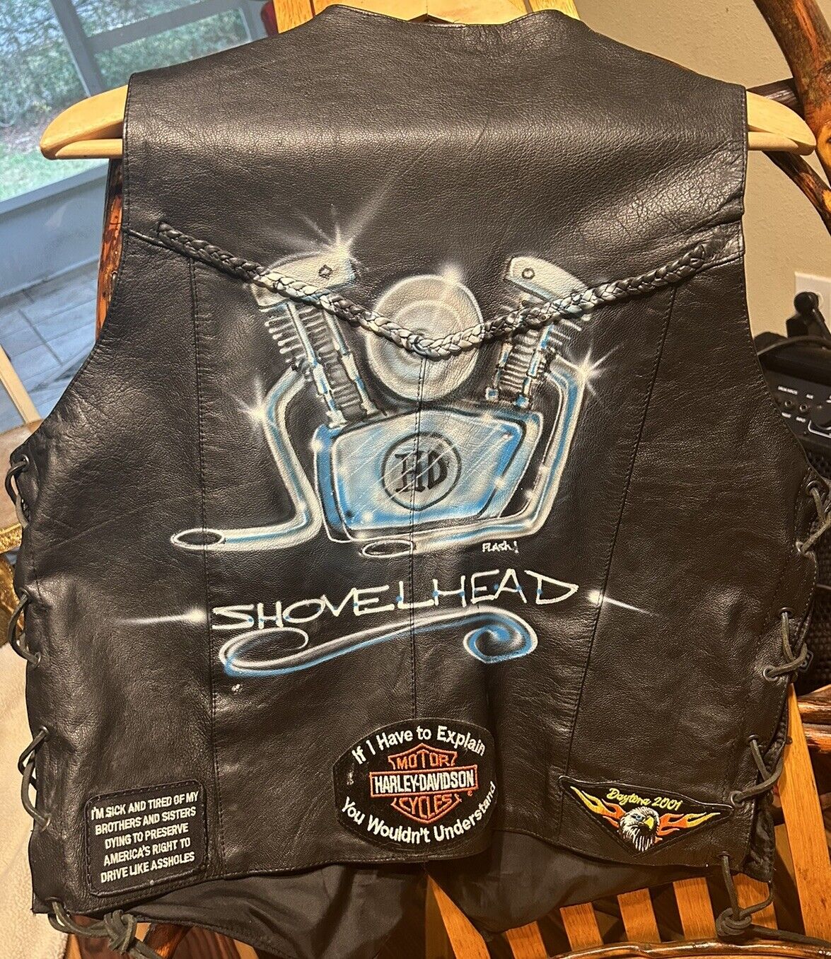 Black Leather Motorcycle Vest Sz L Large Harley Shovelhead Custom Airbrushed 42”