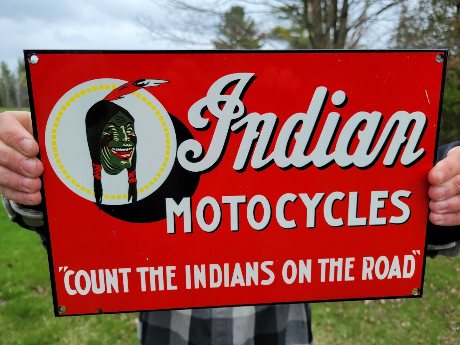OLD VINTAGE HEAVY INDIAN MOTORCYCLES ENAMEL PORCELAIN DEALER METAL BIKE SIGN