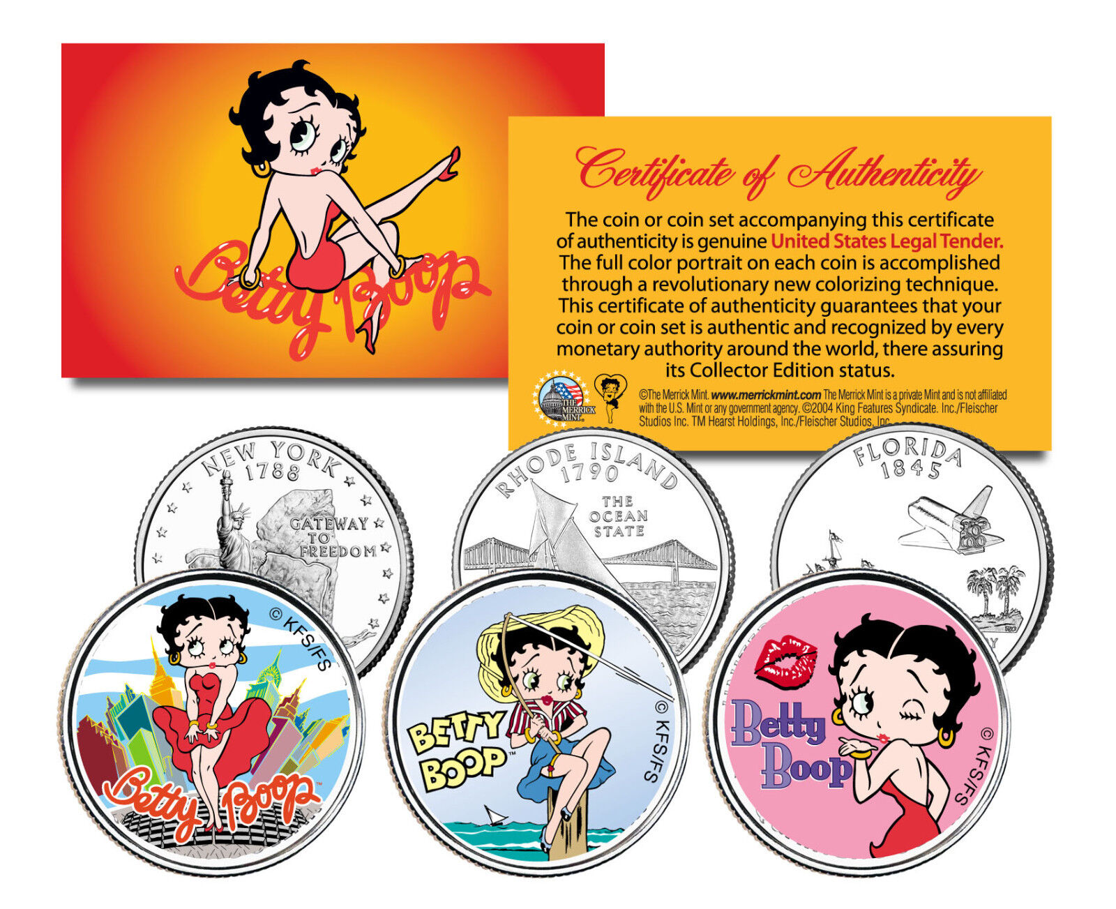 BETTY BOOP Officially Licensed 3-COIN U.S STATE QUARTER SET with COA *Rare*