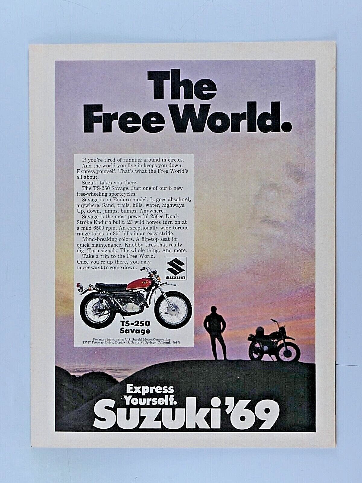 1969 Suzuki TS 250 Savage Vintage Free World Express Yourself Original Print Ad 