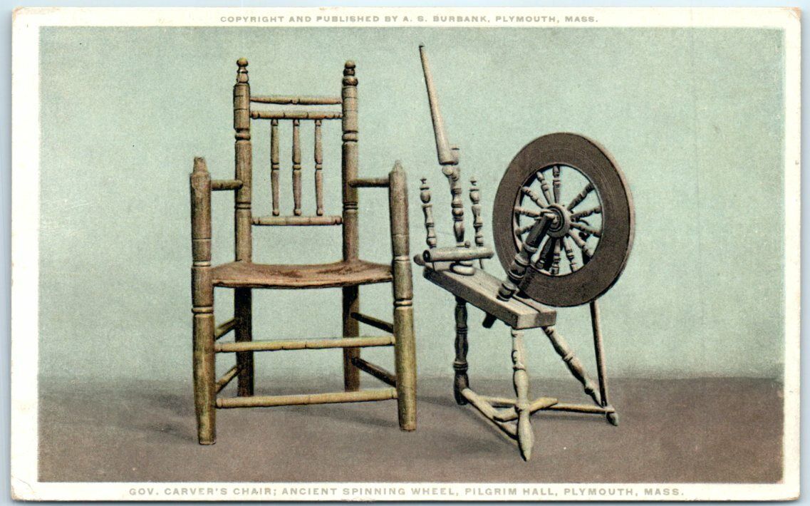 Gov. Carver\'s Chair; Ancient Spinning Wheel, Pilgrim Hall, Plymouth, MA