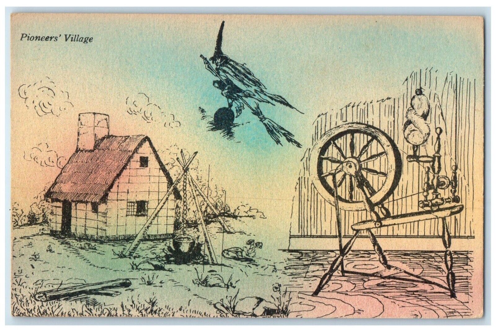 c1930\'s Halloween Witch Pioneers Village Spinning Wheel Cambridge MA Postcard
