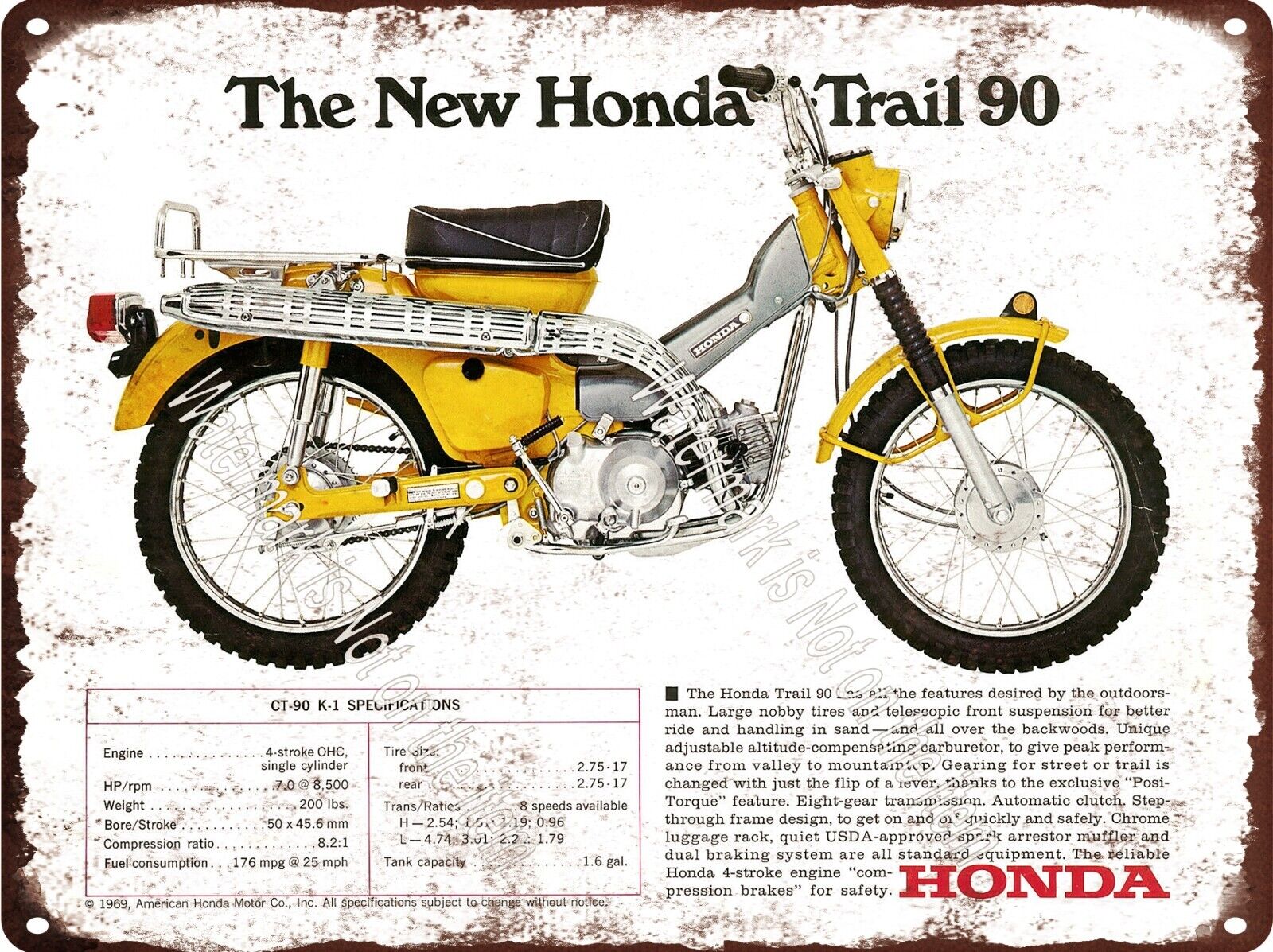 1969 HONDA Yellow CT90 K1 Motorcycle Bike Trail 90 CT-90 Metal Sign 9x12\