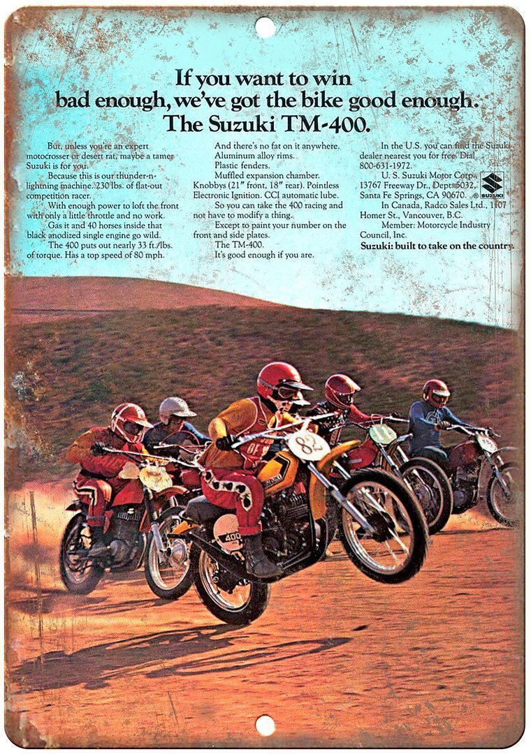 Suzuki TM-400 Vintage Dirt Bike Ad Reproduction Metal Sign A374