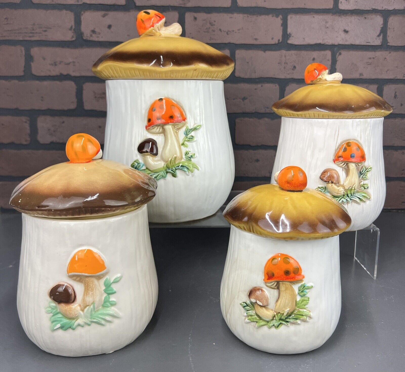 4 Vintage 1970\'s MERRY MUSHROOM CANISTER SET w/Lids JAPAN - Two-Sided - 70\'s