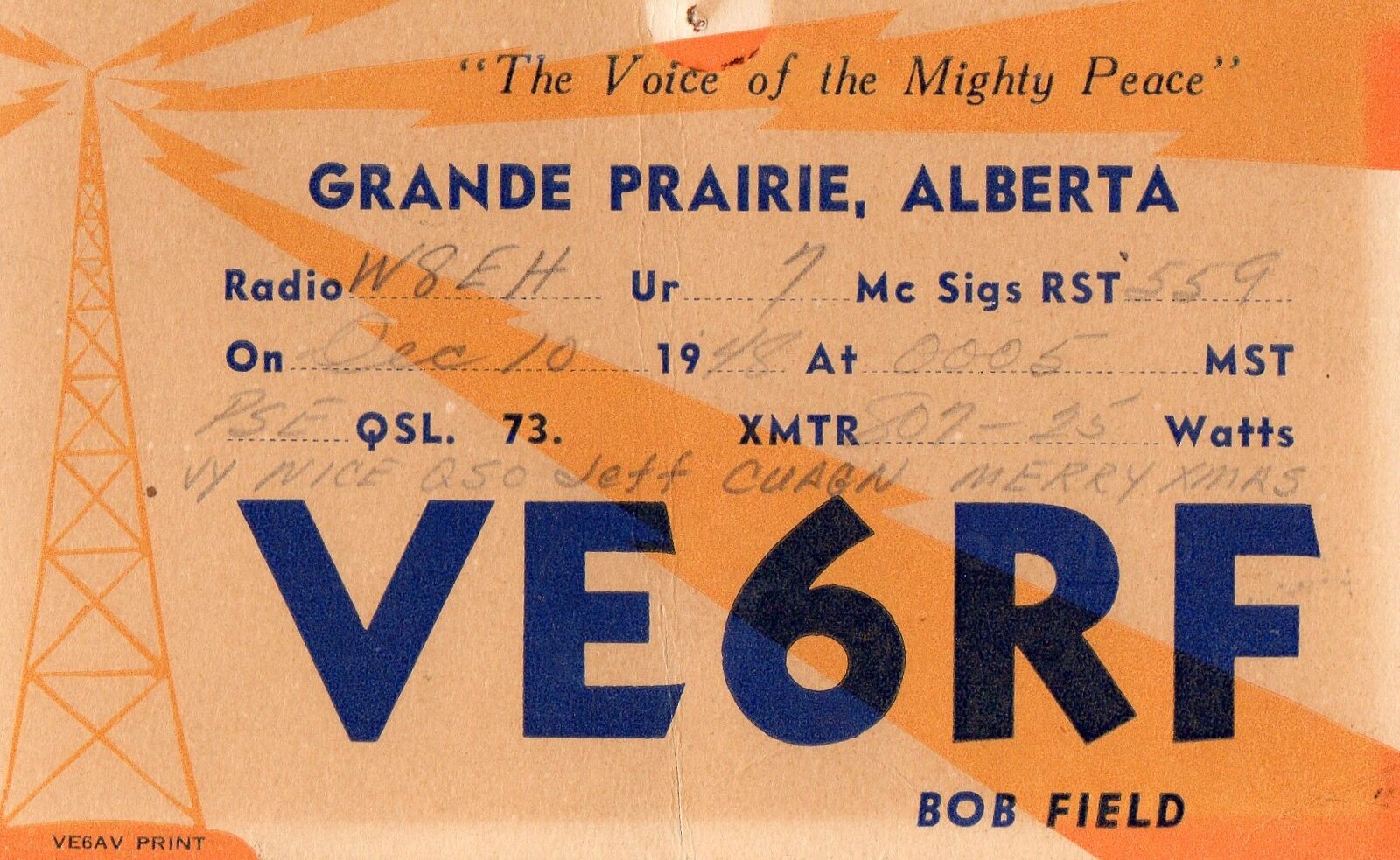 VE6RF QSL Card--Grande Prairie, Alberta, Canada--1948