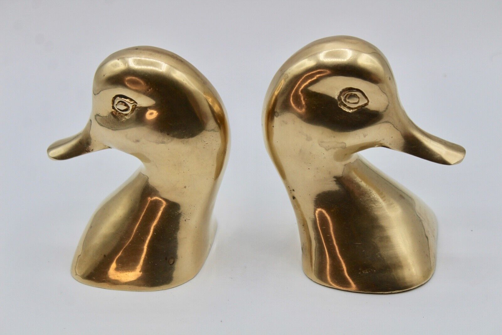 Vintage Pair Of Solid Brass Mallard Duck Head Book Ends Heavy Weight & Polished
