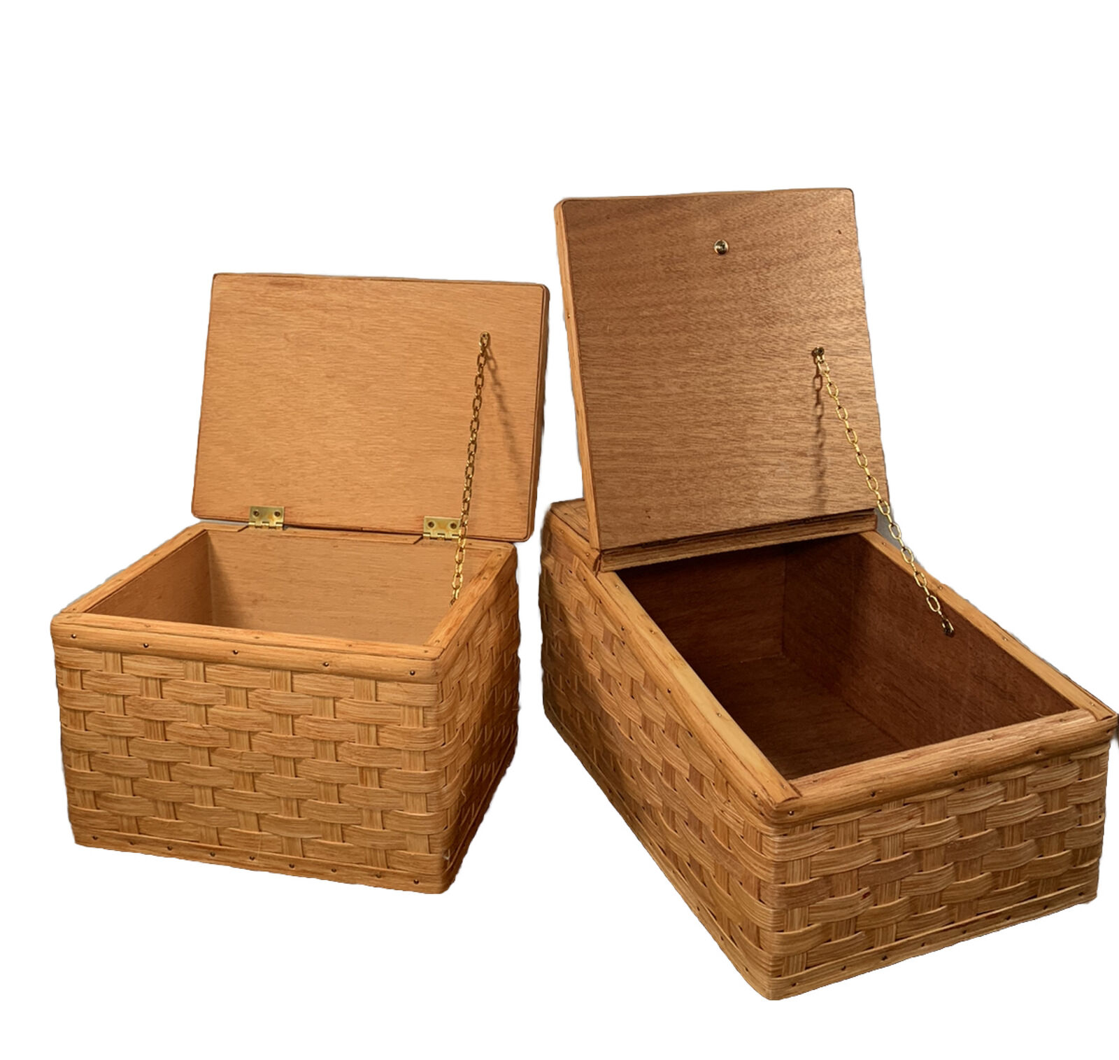 2 Amish Baskets Display Storage Boxes Oak Bottom Lids Gingerichs Signed ‘ 05 ‘08