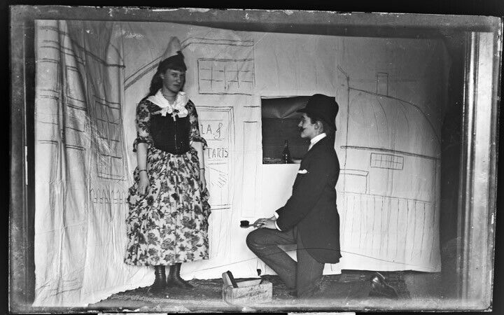 W-59 5x8 Glass Negative  Warren  M. HAWES and F Woods STAGE PLAY setting 1889