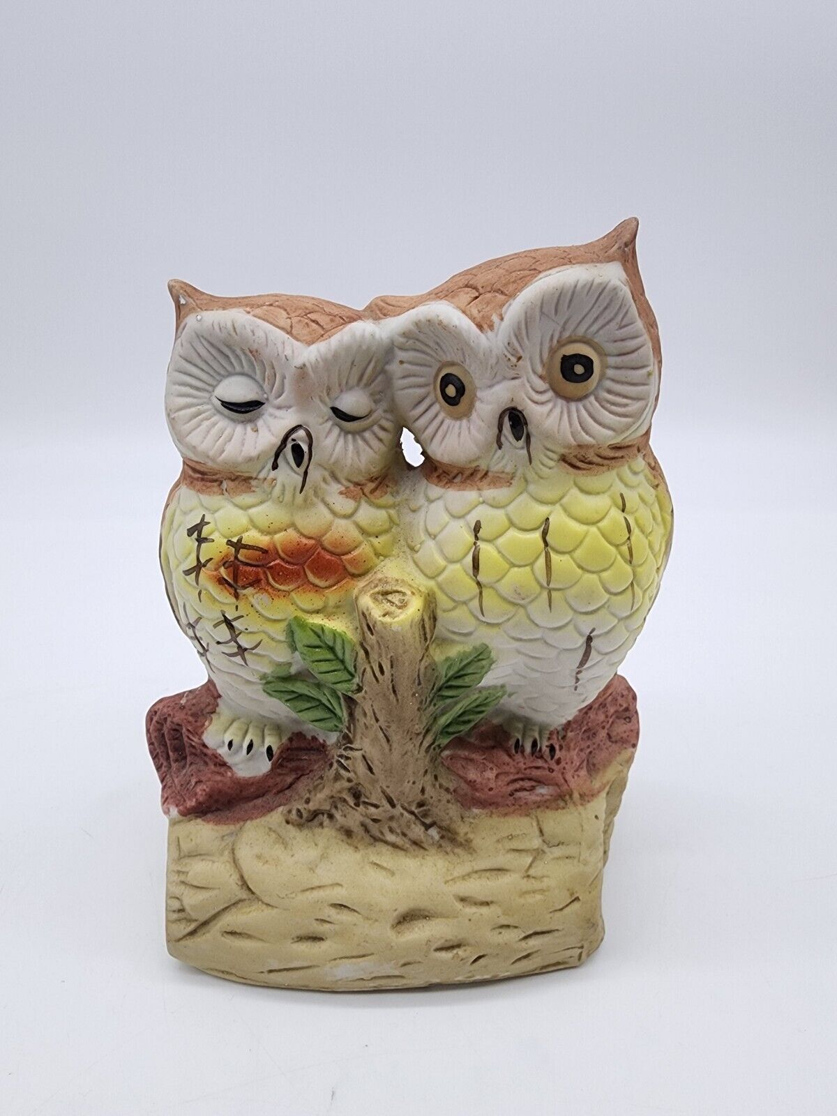 Vintage Owl Pair on a Log Ceramic Sculpture Figurine 5.5\