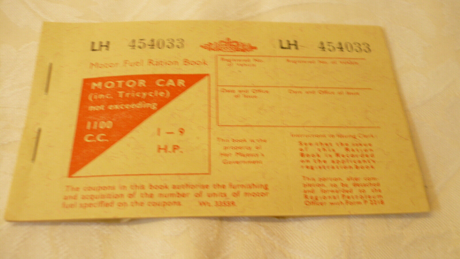 Vintage Motor Fuel Ration Book unused - Car inc Tricycle not exceeding 1100cc 